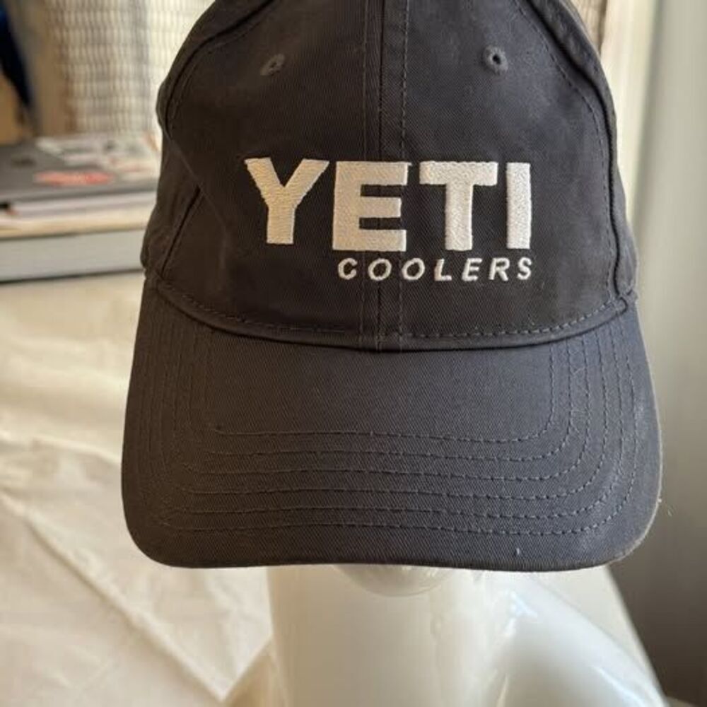 Yeti Coolers Logo Strapback Hat Cap Gray Cotton White Embroidered